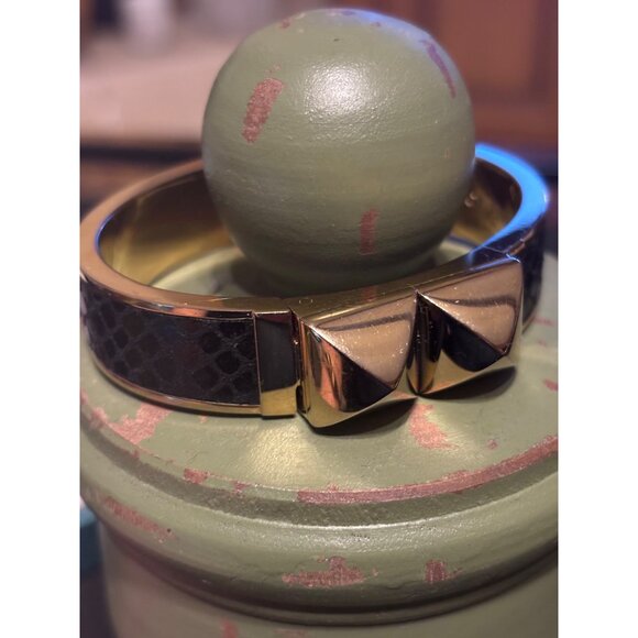 Michael Kors Python Embossed Leather Hinged Bangle Bracelet Golden Cuff - Picture 11 of 13